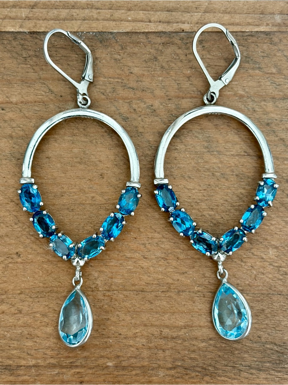 VINTAGE 925 STERLING SILVER SWISS BLUE TOPAZ HOOP DANGLE EARRINGS 2.5”